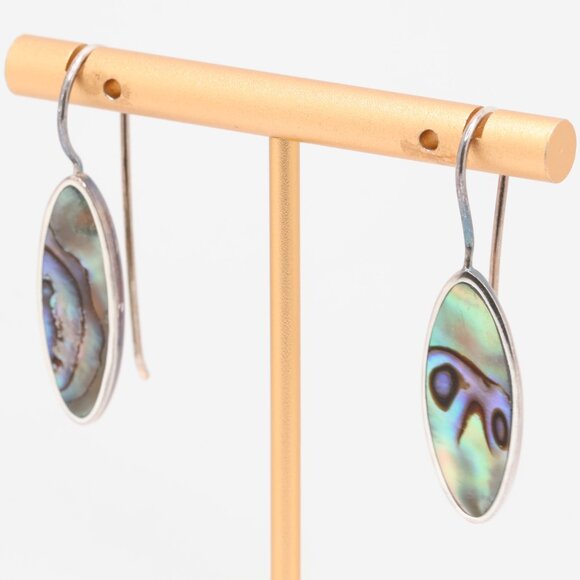 Vintage Sterling Silver Oval Abalone Fish Hook Earrings - Picture 5 of 5